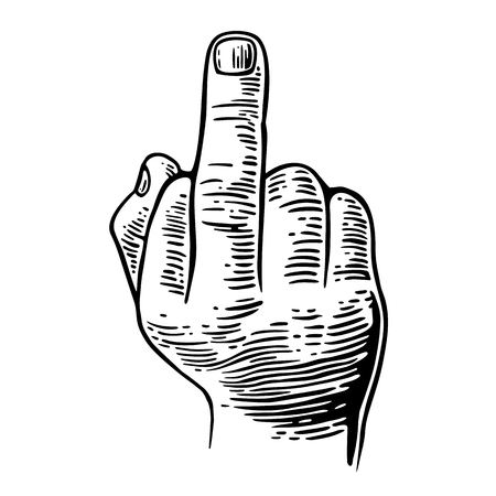 Middle finger Sign by male hand. Fuck you sign and text. Vector vintage engraved illustration on white background.のイラスト素材