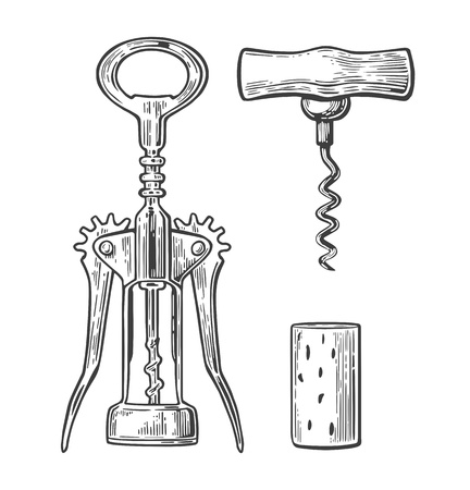 Wing corkscrew, basic corkscrew and cork. Black vintage engraved vector illustration isolated on white background. For label, poster and web.のイラスト素材