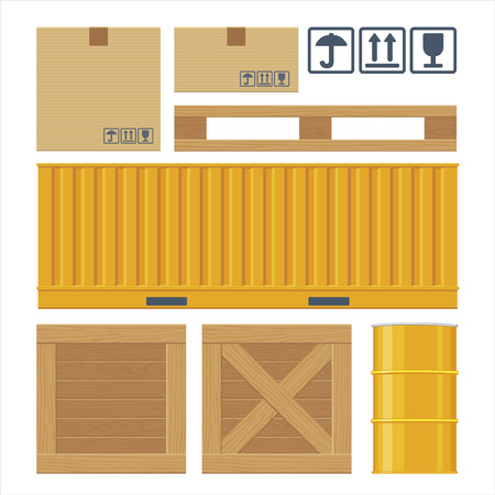 Brown carton packaging box, pallet, yellow container, wooden crates, metal barrel isolated on white background with fragile attention signs. Flat vector set illustration for icon, banner, info graphic.のイラスト素材