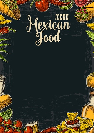 Mexican traditional food restaurant menu template with traditional spicy dish. burrito, tacos, tomato, nachos, tequila, lime. Vector vintage engraved illustration on dark background.  For poster, web