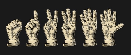 Set of gestures of hands counting from zero to five. Male Hand sign. Vector vintage engraved illustration isolated on white background.のイラスト素材