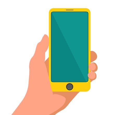 Hand holding smart yellow phone. Touching blank screen. Flat design. Vector illustration on white isolated backgroundのイラスト素材