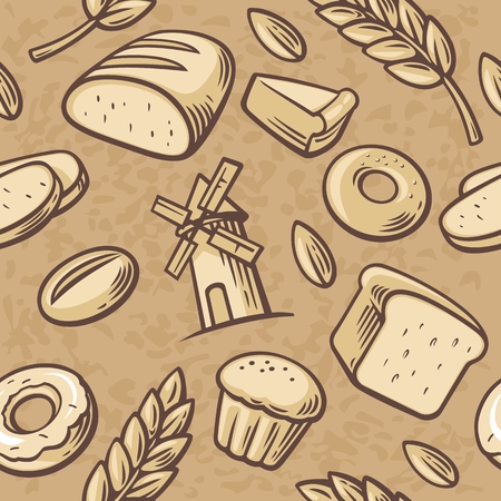 Bakery set icon.  Seamless Pattern hand drawn vintage for bakery. Bread, grain, wheat, donut, cake mill and Cooking. Set Vector bakery symbols and icon.のイラスト素材
