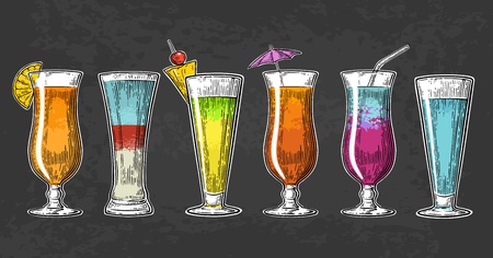 Alcohol cocktail set. Vintage vector engraving illustration for web, poster, menu, invitation to summer beach party. Isolated on dark backgroundのイラスト素材