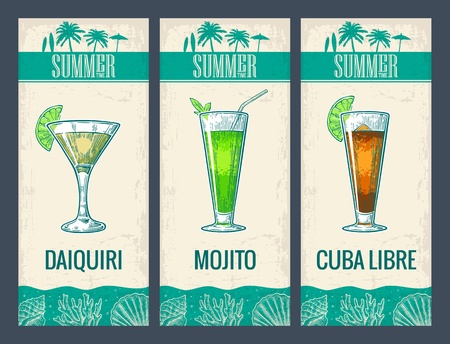 Alcohol cocktail set. Daiquiri, mojito, cuba libre. Vintage vector engraving illustration for web, poster, menu, invitation to summer beach party. Isolated on light background.のイラスト素材