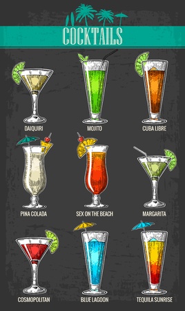 Alcohol cocktail set - margarita, sex on the beach, pina colada, daiquiri, mojito, cuba libre, cosmopolitan, blue lagoon, tequila sunrise. Vintage vector engraving poster, menu for summer beach partyのイラスト素材