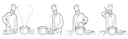 Cooking process with chef figures at the table in restaurant kitchen interior vector wide illustration. Black on white background.のイラスト素材