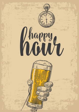Male hand holding a beer glass. Vintage vector engraving illustration for label, poster, menu. Isolated on beige background. Happy hour.のイラスト素材