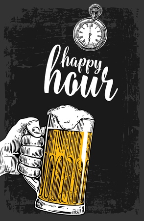 Male hand holding a beer glass. Vintage vector engraving illustration for label, poster, menu. Isolated on dark background. Happy hour.のイラスト素材
