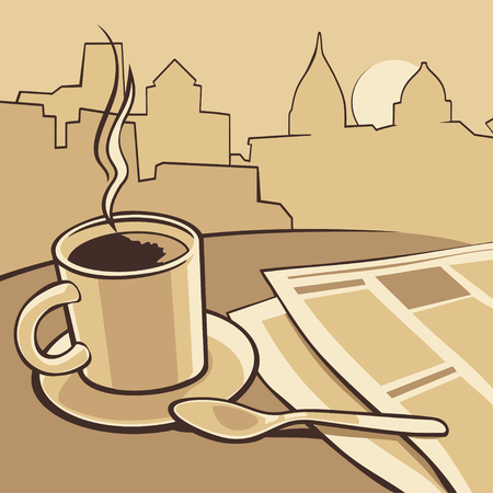 Coffee cup and news paper on table. Vector vintage monochrome illustration. Hand drawn sketch for poster, web, banner.のイラスト素材
