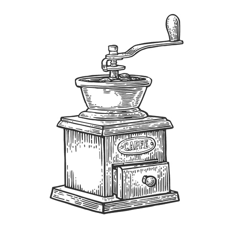 Coffee mill. Hand drawn sketch style. Vintage black vector engraving illustration for label, web.  Isolated on white background.のイラスト素材