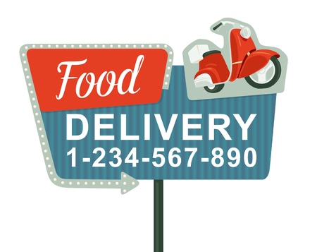 Retro night sign with an arrow. Billboard in retro style with lights.  Delivery pizza on red moped. Isolated vector flat illustration on white background. For banner, poster, presentation.のイラスト素材
