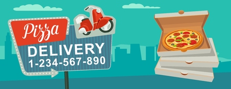 Retro night sign with an arrow. Billboard in retro style with lights.  Delivery pizza on red moped. Isolated vector flat illustration on city background. For banner, poster, presentation.のイラスト素材
