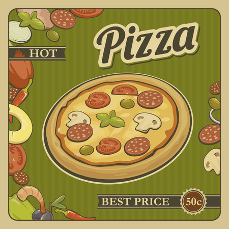 Retro Vintage vector poster whole pizza and the ingredients. For advertisingのイラスト素材