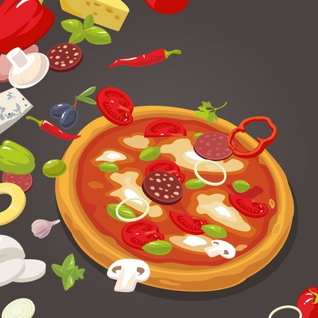 Whole pizza and the ingredients for the pizza. Isolated vector Flat style illustrationのイラスト素材