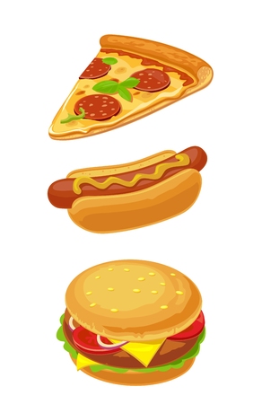 Hamburger, pizza, hotdog. Set fast food. isolated flat illustration for poster, menus, brochure, web and icon.のイラスト素材