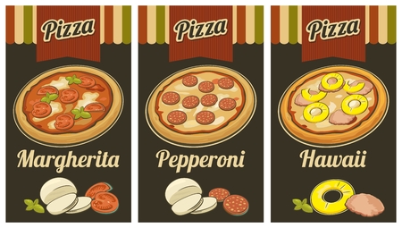Retro Vintage poster whole Pepperoni, Hawaiian, Margherita pizza and the ingredients. Black background. For advertising, web,のイラスト素材