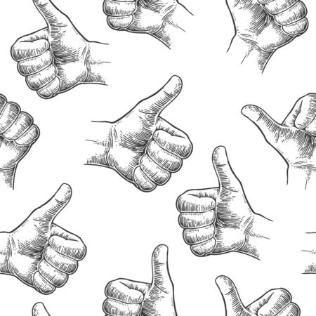 Seamless Pattern hand showing symbol Like. Making thumb up gesture. Drawn design element. Vector black vintage engraved illustration isolated on a white background. Sign for web, poster, info graphicのイラスト素材