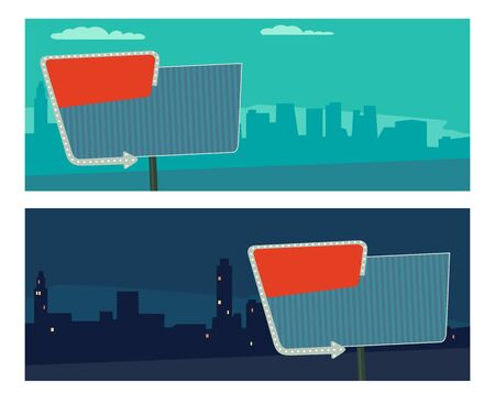 Night sign with an arrow. Billboard in retro style with lights. Vector flat illustration on city night and morning background. For banner, poster, presentation.のイラスト素材