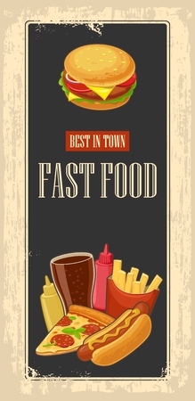 Fast food poster with vintage background. Set icon. Glass of cola, hamburger, pizza, hotdog, fries potato in red paper box, bottles of ketchup and mustard. Vector flat illustrationのイラスト素材
