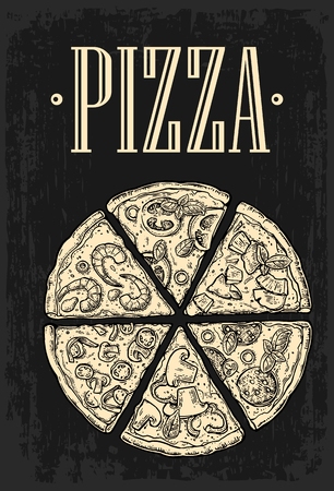 Set slice pizza Pepperoni, Hawaiian, Margherita, Mexican, Seafood, Capricciosa. Vintage vector engraving illustration for poster, menu, box. Isolated on dark backgroundのイラスト素材