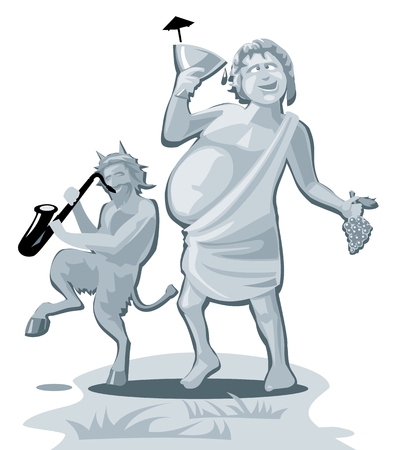 Dionysus and satyr. Greek god isolated on white background. Vector flat gray illustration.のイラスト素材