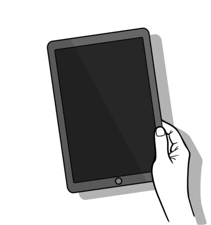 Hand holding tablet computer with blank screen. Using digital tablet, flat design concept. Vector flat illustrationのイラスト素材