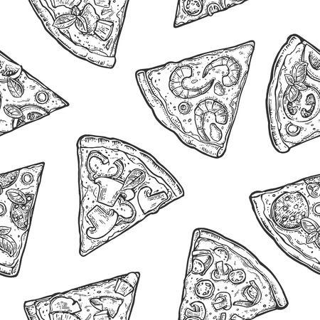 Seamless Pattern slice pizza. Vintage vector engraving illustration for poster, menu, box. Isolated on white background.のイラスト素材