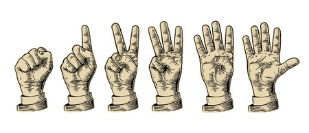 Set of gestures of hands counting from zero to five. Male Hand sign. Vector vintage engraved illustration isolated on white background.のイラスト素材