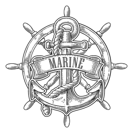 Anchor and wheel with ribbon isolated on white background. Vector vintage engraving illustration with title MARINE. Hand drawn in a graphic style.のイラスト素材