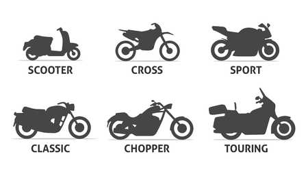 Motorcycle Type and Model icons Set. Vector black illustration isolated on white background with shadow. Variants for web.のイラスト素材