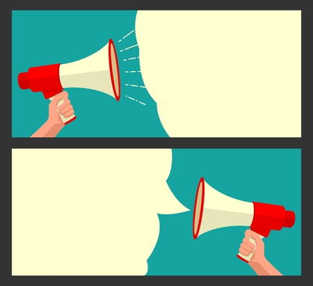 Male hand holding loudspeaker and bubble. Vector flat illustration. For horizontal banner, poster, presentation, icon, promotion and advertising concept.のイラスト素材