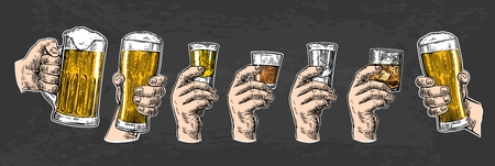 Male hand holding a glasses with beer, tequila, vodka, rum, whiskey. Vintage vector engraving illustration for label, poster, invitation to party and birthday. Isolated on dark backgroundのイラスト素材