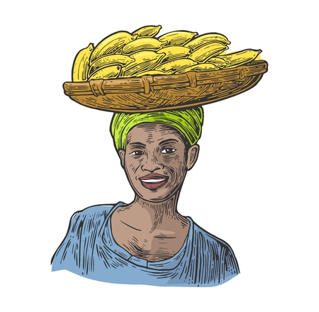African woman carries a basket with bunch banana on her head. Vector color vintage engraving illustration isolated on white background. For menu, web, labelのイラスト素材