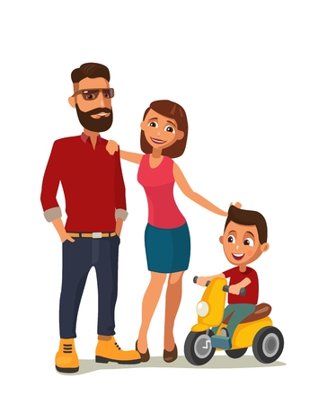 Happy family. Hipster parents and child on a tricycle. Color vector illustration isolated on white background.のイラスト素材
