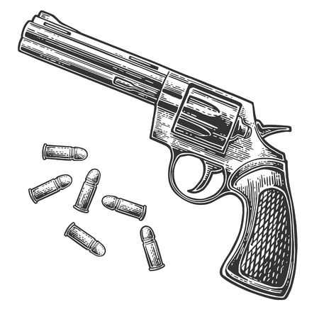 Revolver with bullets. Vector engraving vintage illustrations. Isolated on white background. For tattoo, web, shooting club and labelのイラスト素材