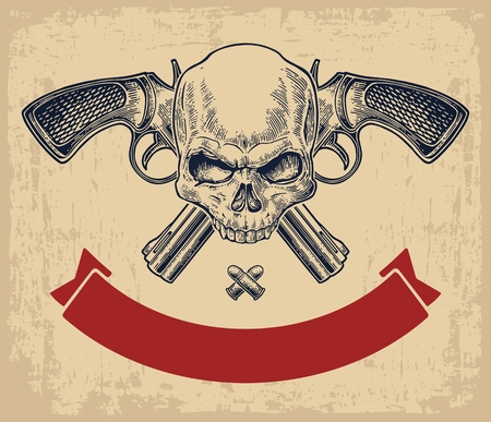 Two crossed revolver with bullets, skull and ribbon. Vector engraving illustrations. Isolated on beige vintage background. For tattoo, web, shooting club and labelのイラスト素材