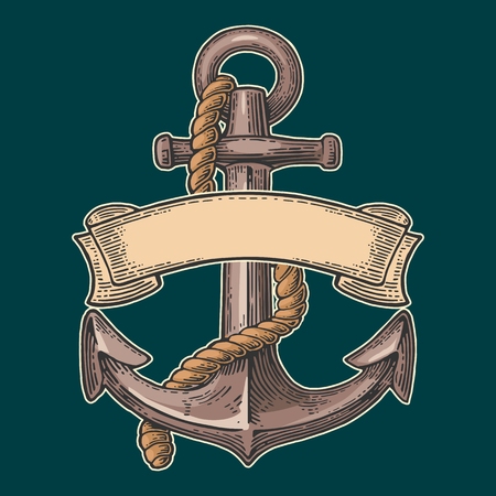 Anchor with ribbon and rope isolated on turquoise background. Vector vintage color engraving illustration for tattoo, web and label. Hand drawn in a graphic style.のイラスト素材