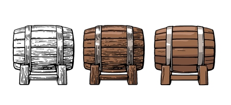 Wooden barrel. Drawing in three graphic styles. Color vintage engraving and flat vector illustration. Isolated on white background. For web and posterのイラスト素材