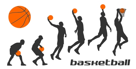 Set different poses basketball players in silhouettes. Vector flat illustration isolated on white backgroundのイラスト素材