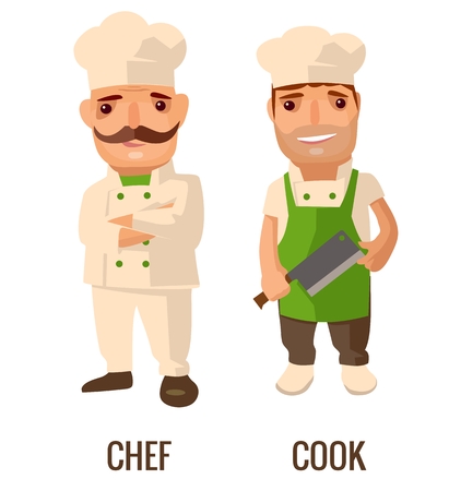Cook man with knife. Proud chef cook man with a mustache crossed his arms. Vector flat illustration isolated on white background.のイラスト素材
