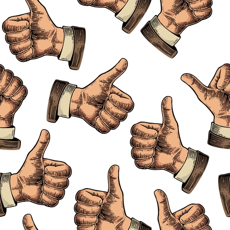 Seamless Pattern hand showing symbol Like. Making thumb up gesture. Vector color vintage engraved illustration isolated on a white background. Sign for web, poster, info graphicのイラスト素材