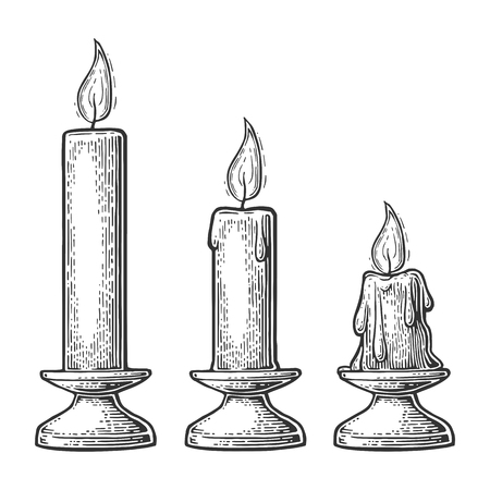 Set burning candles with holder and fire flame. Isolated on white background. Vintage vector engraving illustration for celebration, poster, web.のイラスト素材