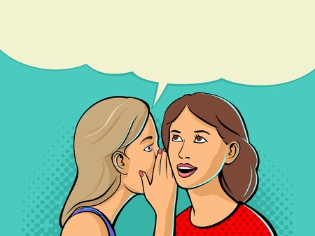 Woman whispering a secret into the ear of her girlfriend. Vector color flat illustration isolated on cyan backgroundのイラスト素材