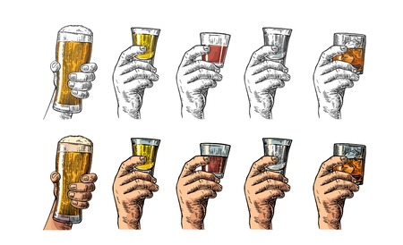 Male hand holding a glasses with beer, tequila, vodka, rum, whiskey. Vintage color vector engraving illustration for label, poster, invitation to party and birthday.のイラスト素材
