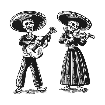 Day of the Dead, Dia de los Muertos. The skeleton in the Mexican national costumes dance, sing and play the guitar, violin.   vintage engraving for poster, label. Isolated on white backgroundのイラスト素材