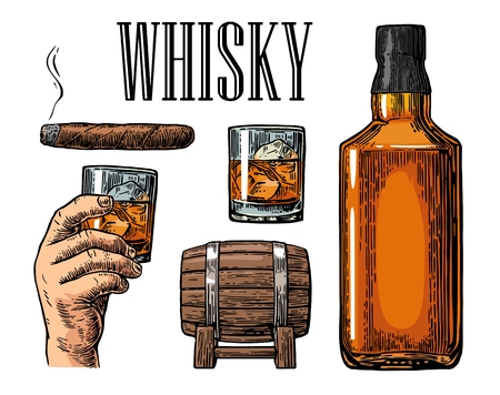 Whiskey glass with ice cubes, barrel, bottle and cigar. vintage color illustration for label, poster, invitation to a party. Isolated on white background.  design element.のイラスト素材