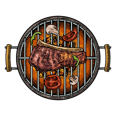 Barbecue grill top view with charcoal, mushroom, tomato, pepper and beef steak. Vintage color engraving illustration. Isolated on white background.のイラスト素材
