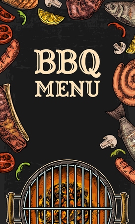 Barbecue grill top view with charcoal, mushroom, tomato, pepper, sausage, lemon, fish and beef steak. Lettered text BBQ MENU. Vintage black vector engraving illustration. Isolated on dark backgroundのイラスト素材