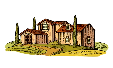 Rural landscape with villa, field, tree and farm. Vector engraving vintage color illustration. Isolated on white background.のイラスト素材